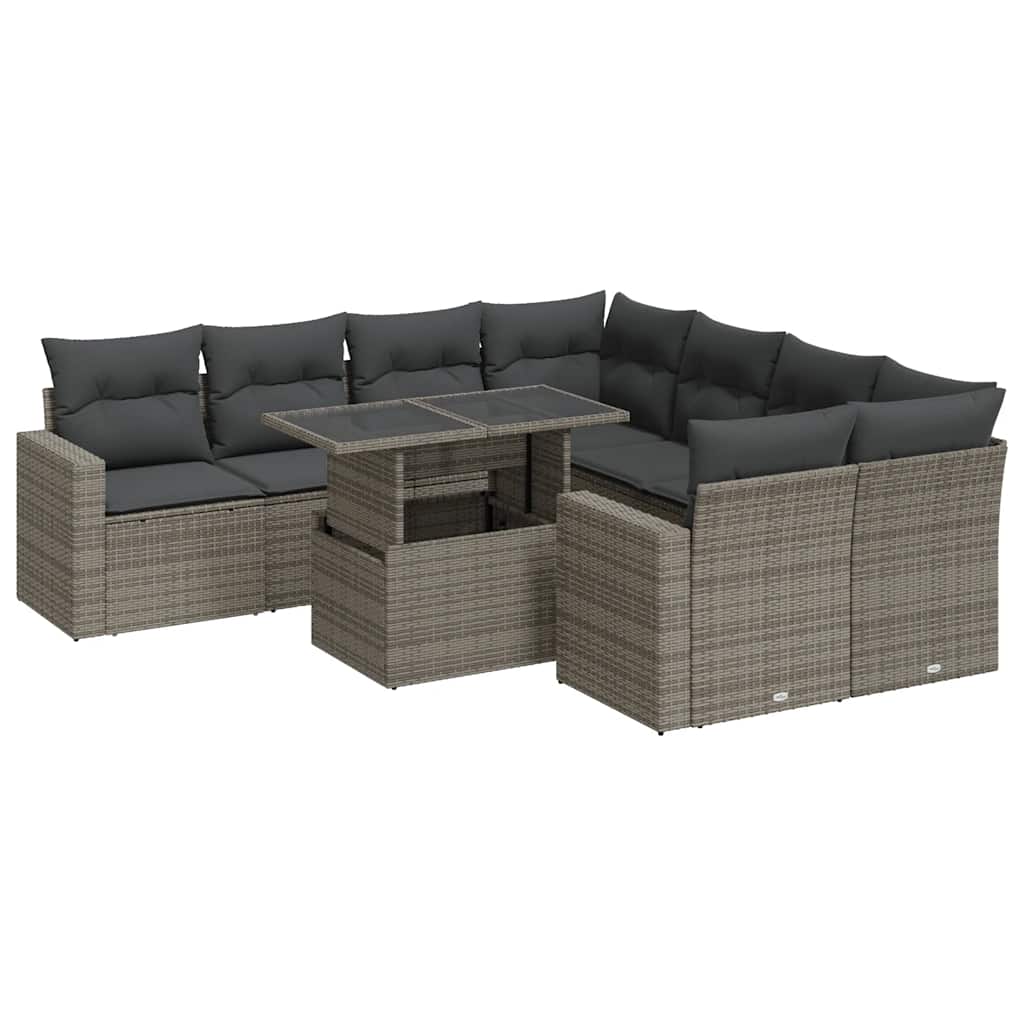 Set Divano da Giardino 9 pz con Cuscini Grigio in Polyrattan - homemem39