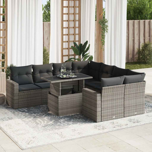 Set Divano da Giardino 9 pz con Cuscini Grigio in Polyrattan - homemem39