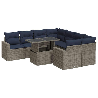 Set Divano da Giardino 9pz con Cuscini Grigio Polyrattan Acacia