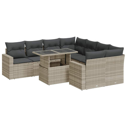 Set Divano da Giardino 9pz con Cuscini Grigio Chiaro Polyrattan | homemem39