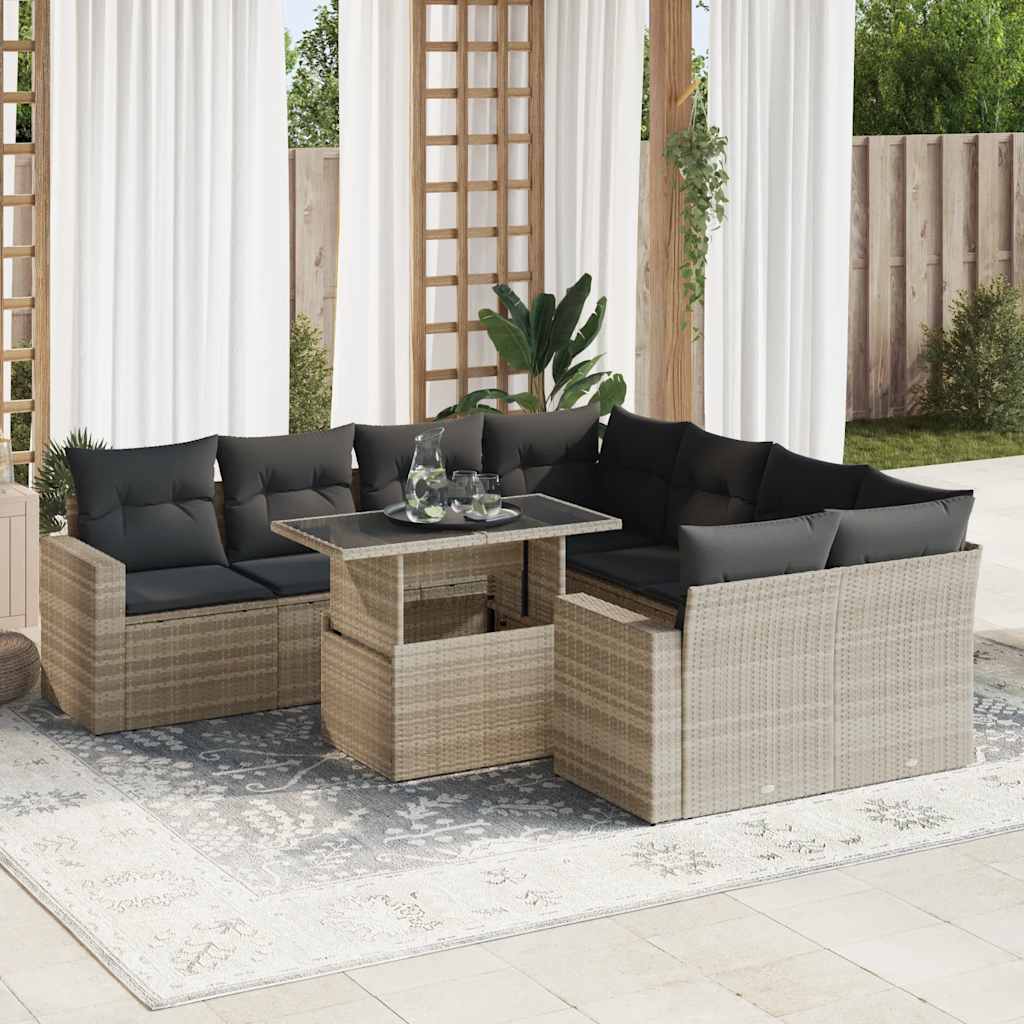 Set Divano da Giardino 9pz con Cuscini Grigio Chiaro Polyrattan | homemem39