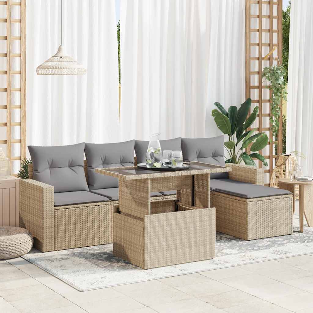Set Divano da Giardino 6 pz con Cuscini Beige in Polyrattan - homemem39