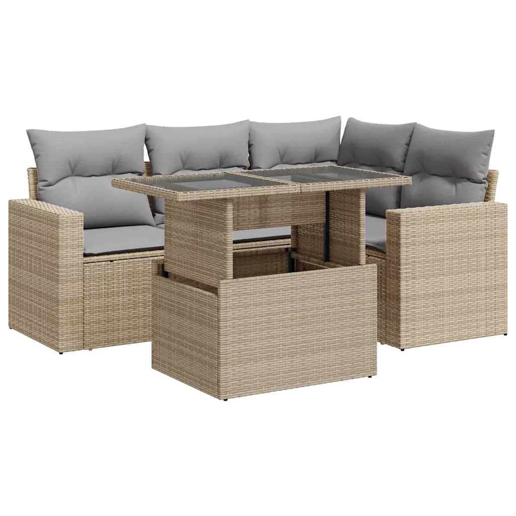 Set Divano da Giardino 5 pz con Cuscini Beige in Polyrattan