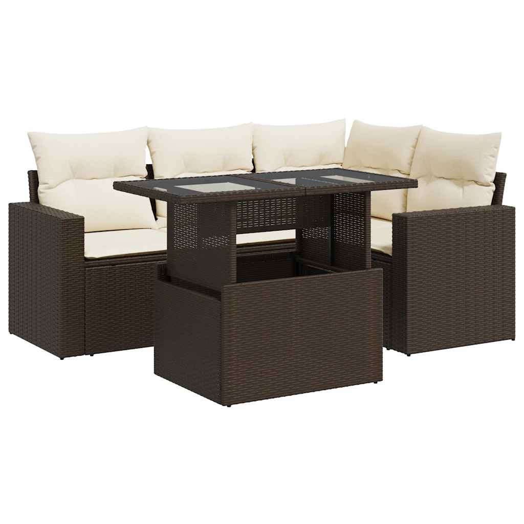 Set Divano da Giardino 5 pz con Cuscini Marrone in Polyrattan | homemem39