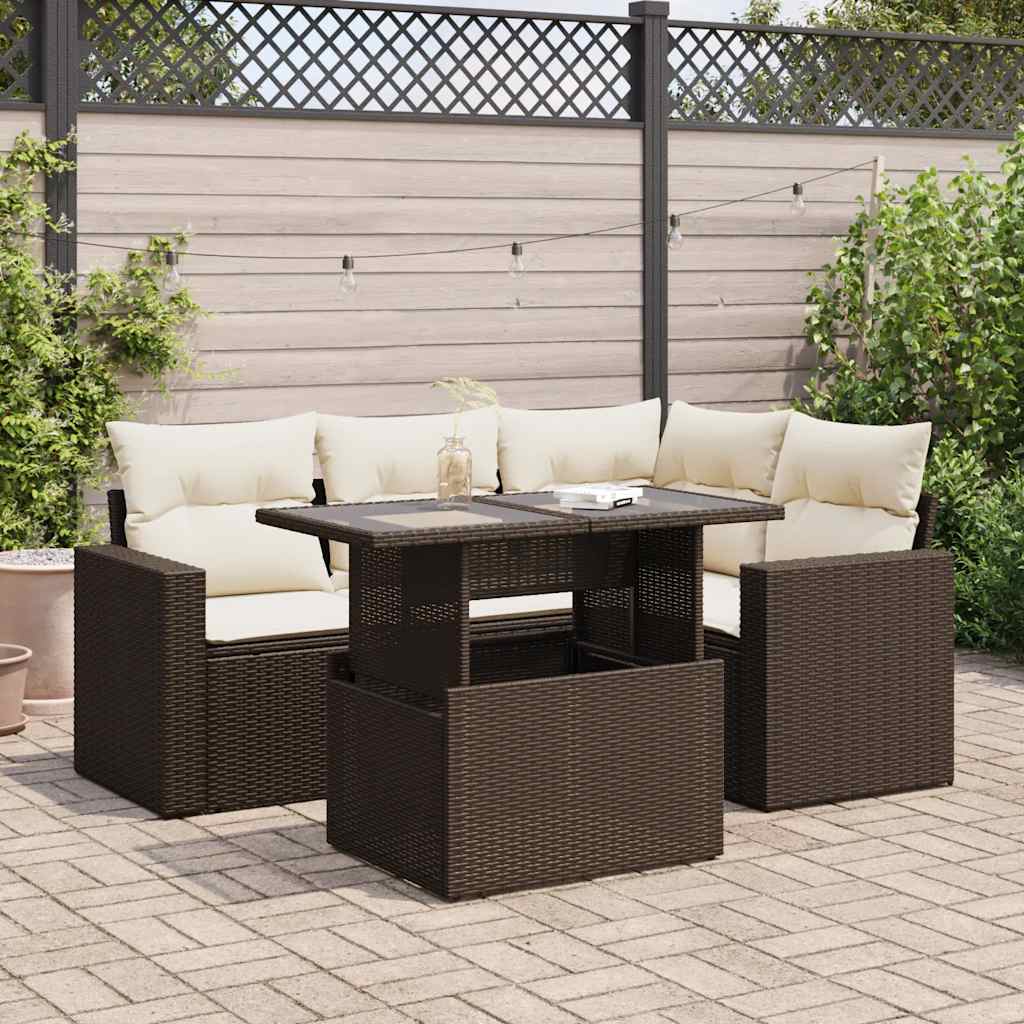 Set Divano da Giardino 5 pz con Cuscini Marrone in Polyrattan - homemem39