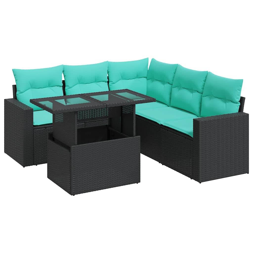 Set Divano da Giardino 6 pz con Cuscini Nero Polyrattan Acacia