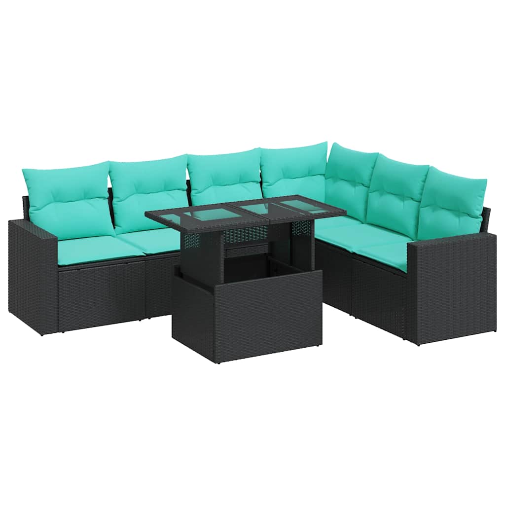 Set Divani Giardino 7 pz con Cuscini Nero Polyrattan Acacia