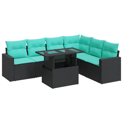 Set Divani Giardino 7 pz con Cuscini Nero Polyrattan Acacia
