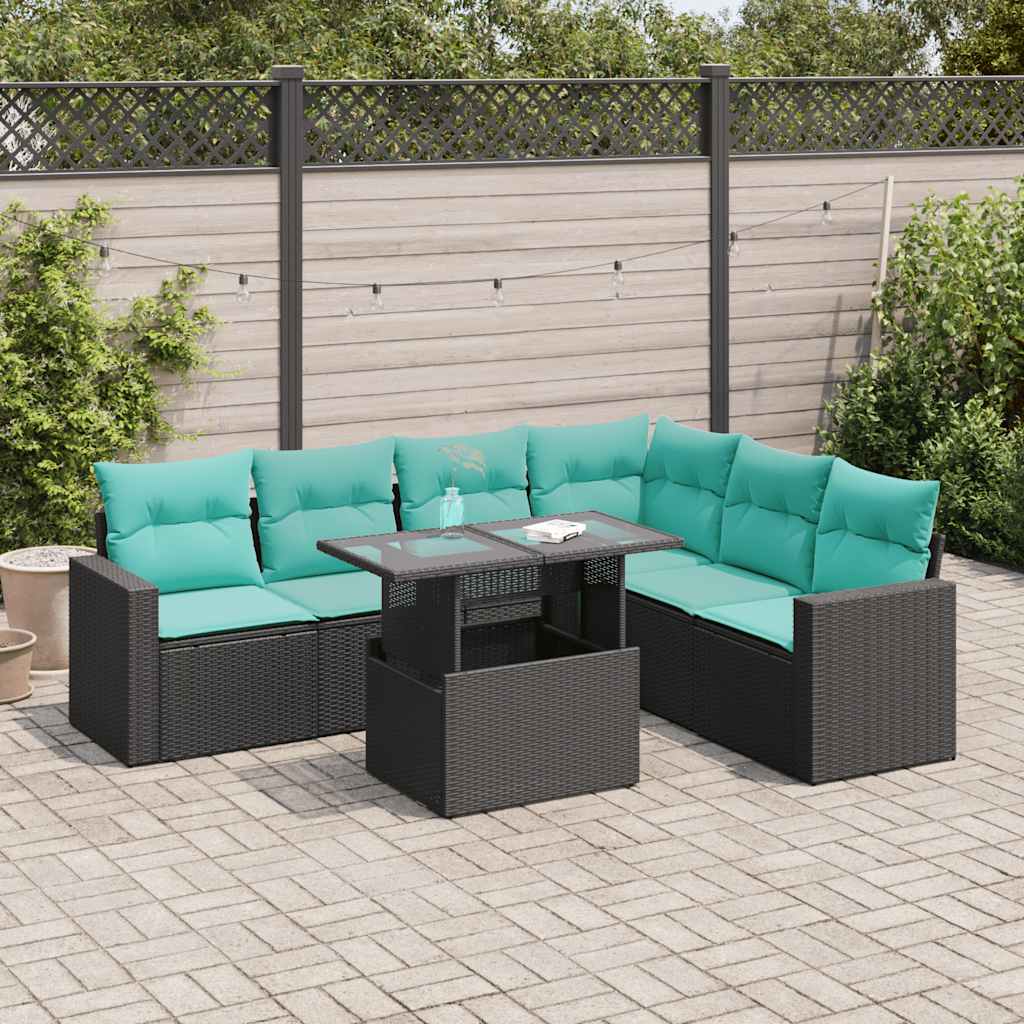 Set Divani Giardino 7 pz con Cuscini Nero Polyrattan Acacia