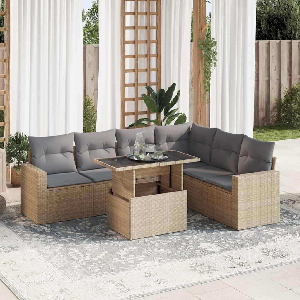 Set Divani da Giardino 7 pz con Cuscini Beige in Polyrattan - homemem39