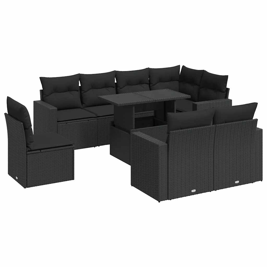 Set Divani da Giardino 9 pz con Cuscini Nero in Polyrattan | homemem39