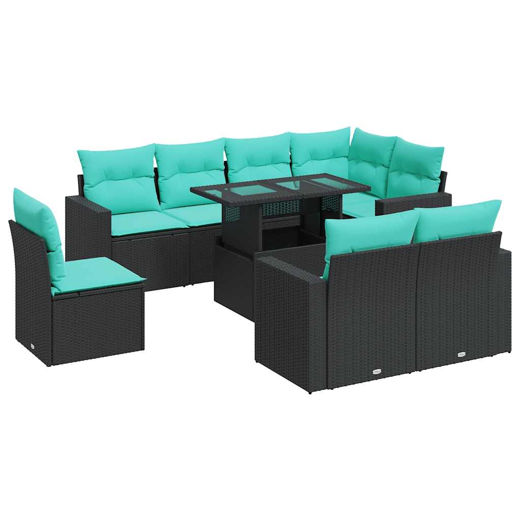 Set Divani da Giardino 9 pz con Cuscini Nero Polyrattan Acacia