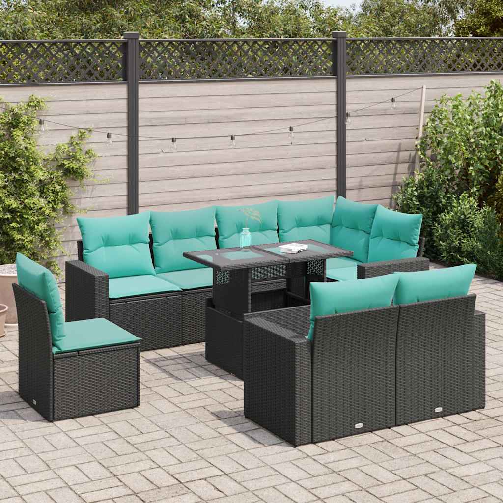Set Divani da Giardino 9 pz con Cuscini Nero Polyrattan Acacia