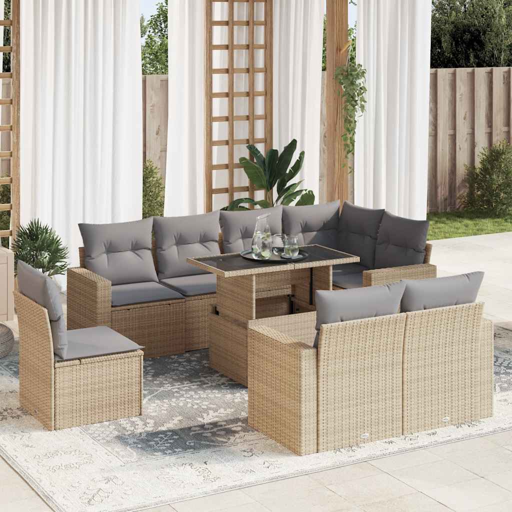 Set Divano da Giardino 9 pz con Cuscini Beige in Polyrattan