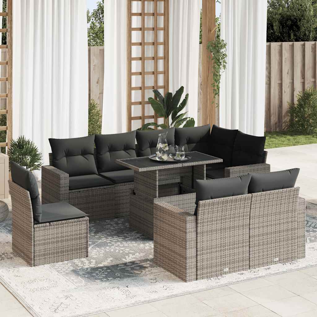 Set Divano da Giardino 9 pz con Cuscini Grigio in Polyrattan