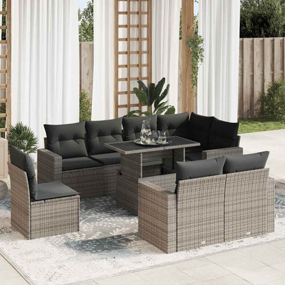 Set Divano da Giardino 9 pz con Cuscini Grigio in Polyrattan