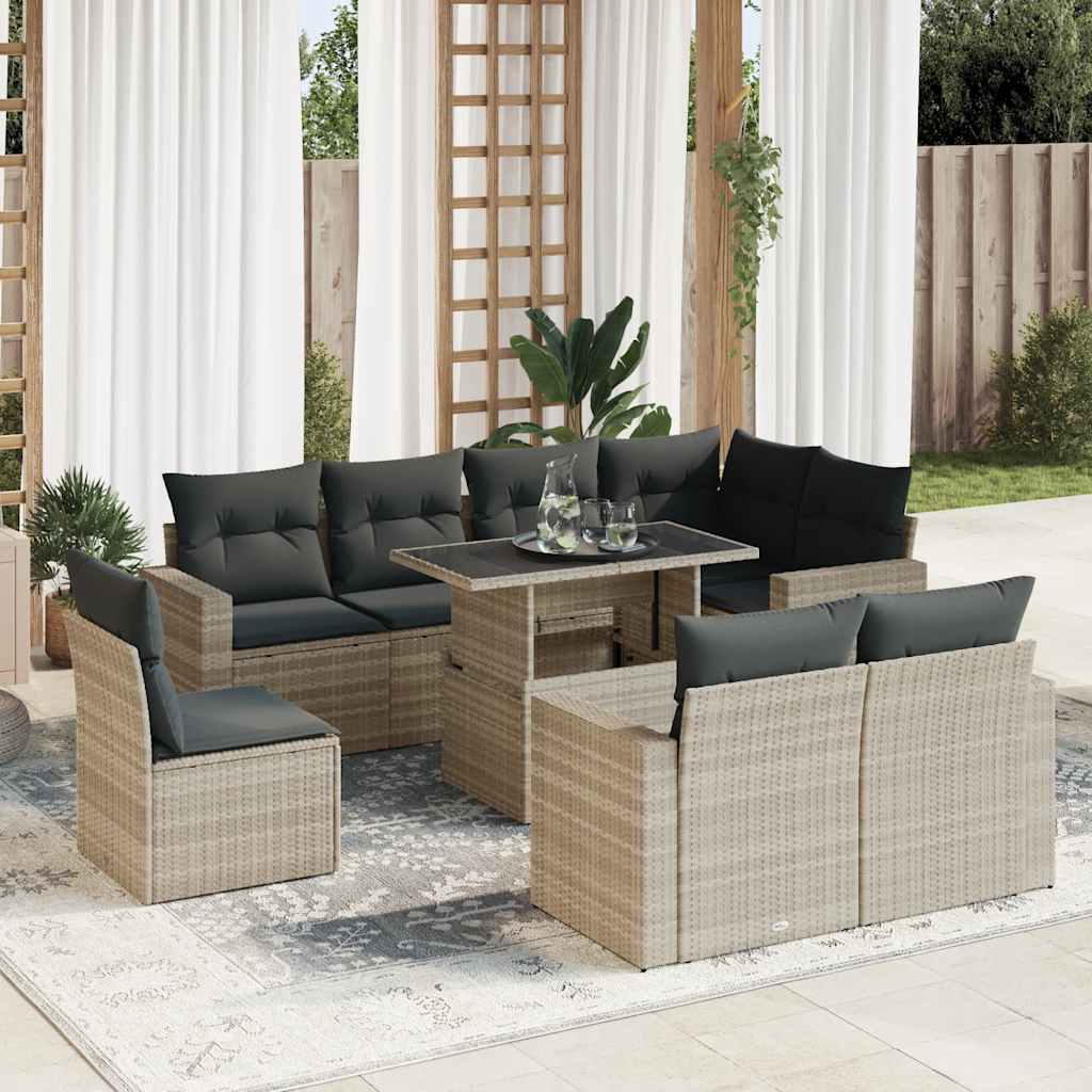 Set Divano da Giardino 9pz con Cuscini Grigio Chiaro Polyrattan | homemem39