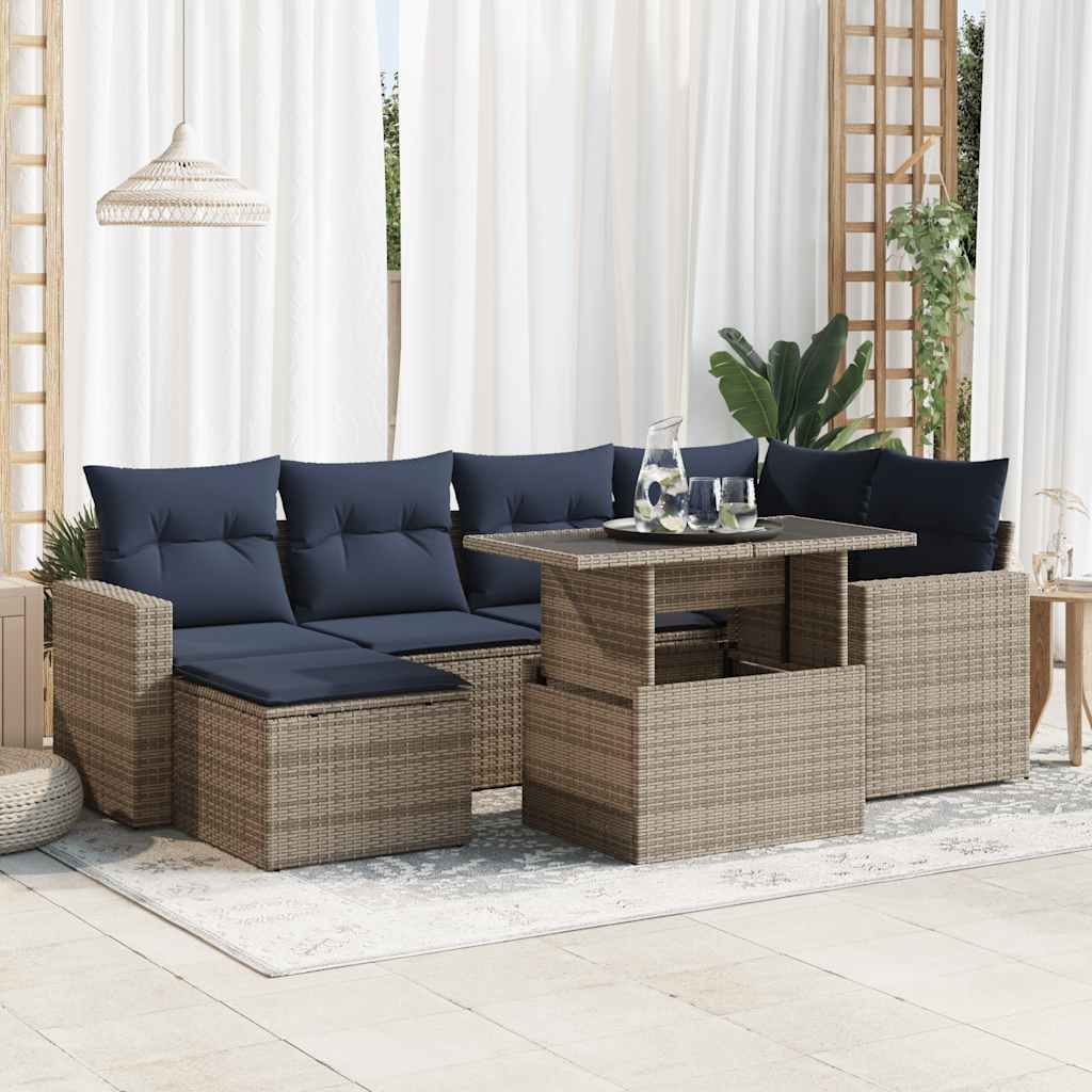 Set Divani da Giardino 7pz con Cuscini Grigio Polyrattan Acacia | homemem39