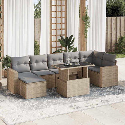 Set Divano da Giardino 8 pz con Cuscini Beige in Polyrattan