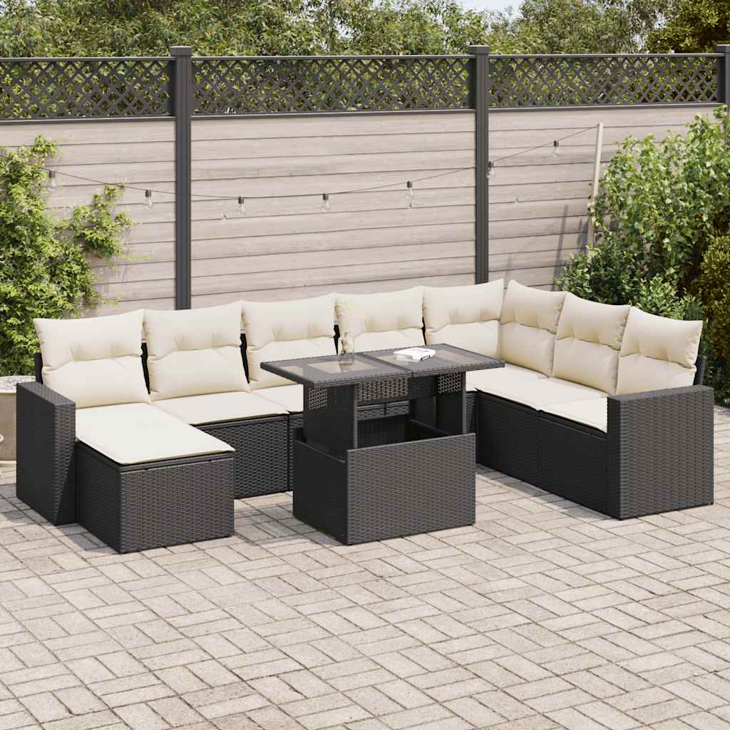 Set Divani da Giardino 9 pz con Cuscini Nero in Polyrattan | homemem39