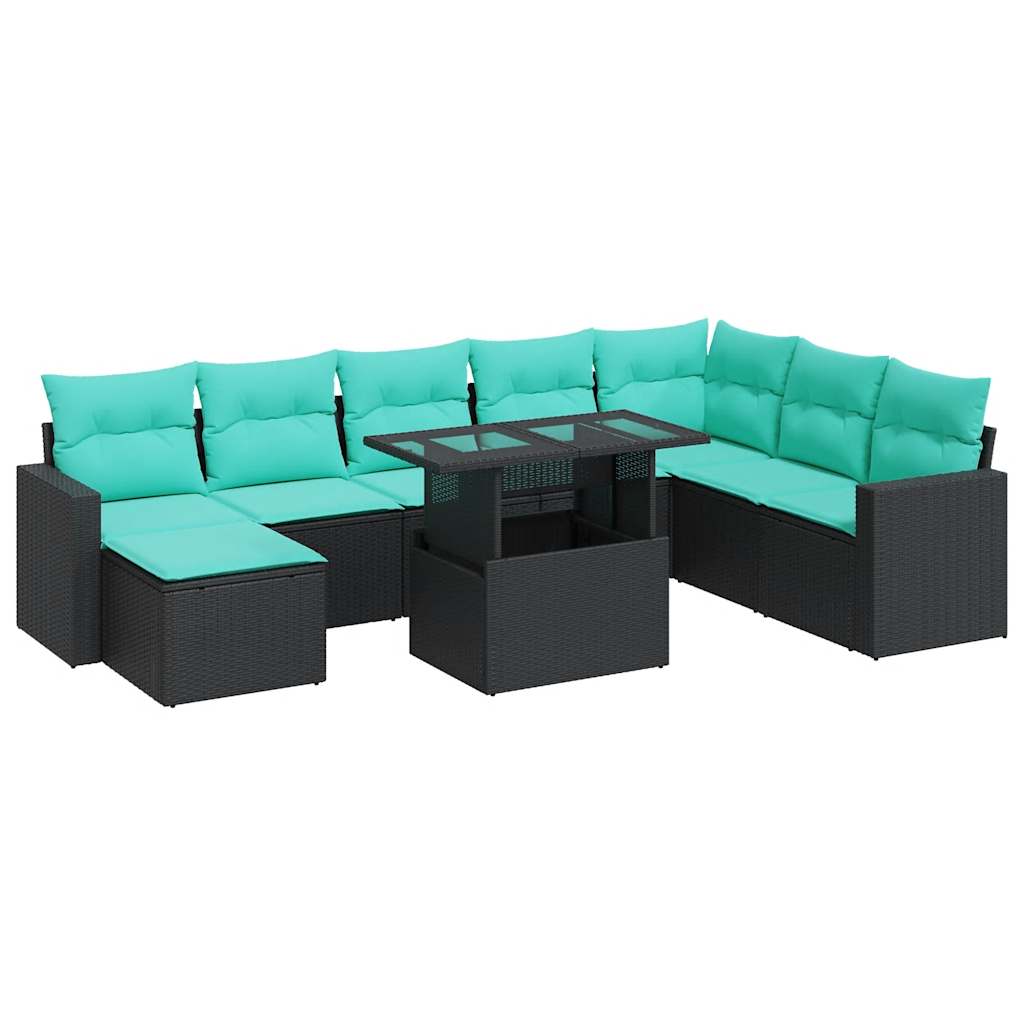 Set Divani da Giardino 9 pz con Cuscini Nero Polyrattan Acacia