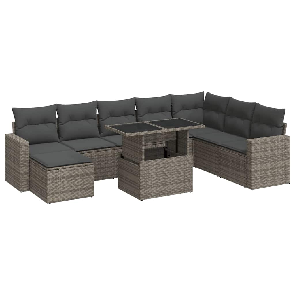 Set Divano da Giardino 9 pz con Cuscini Grigio in Polyrattan