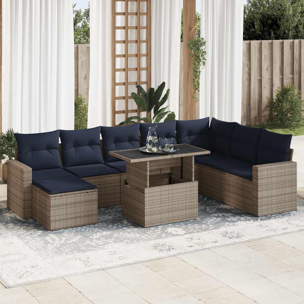 Set Divano da Giardino 9pz con Cuscini Grigio Polyrattan Acacia | homemem39