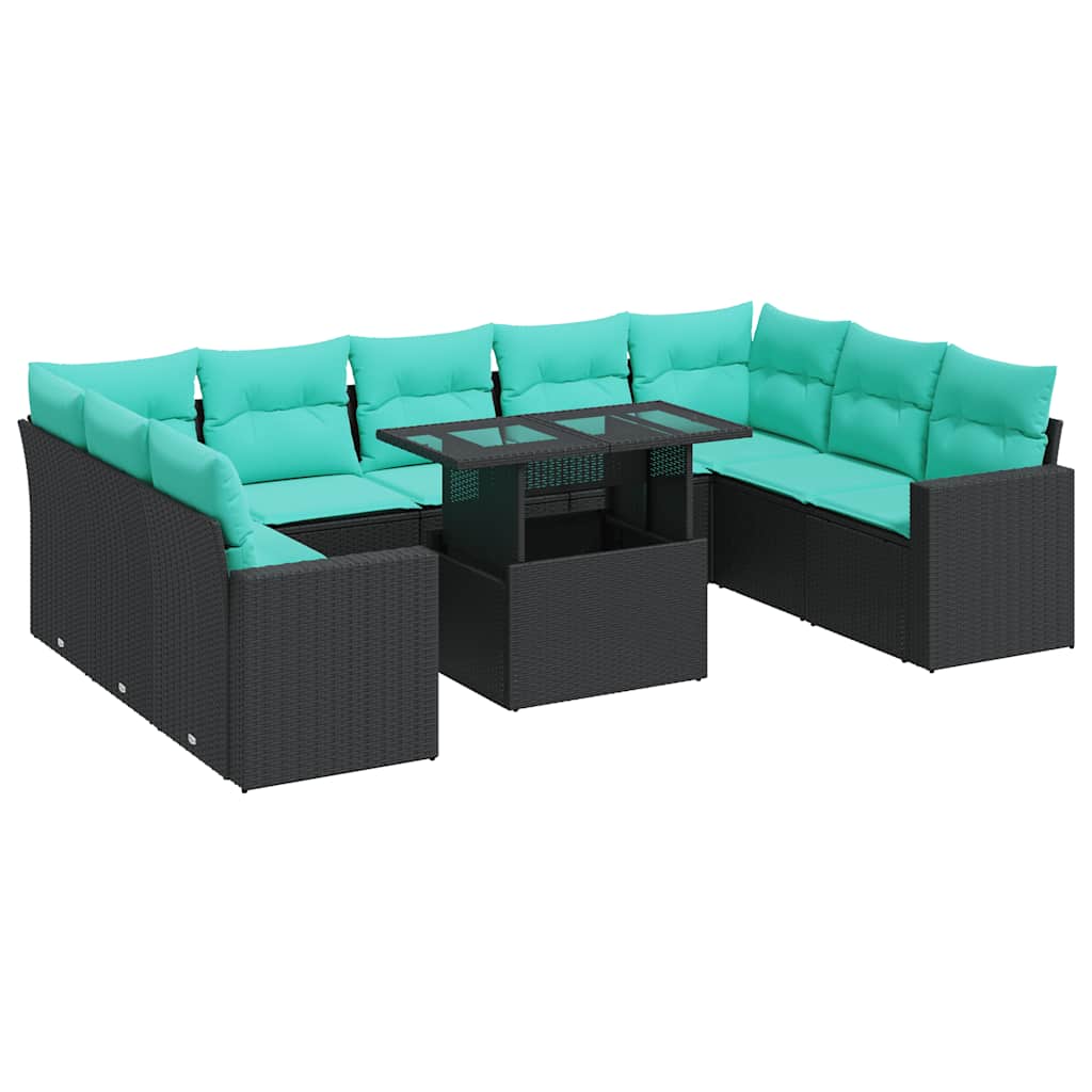 Set Divani Giardino 10pz con Cuscini Nero in Polyrattan Acacia