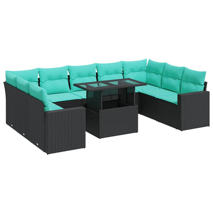 Set Divani Giardino 10pz con Cuscini Nero in Polyrattan Acacia