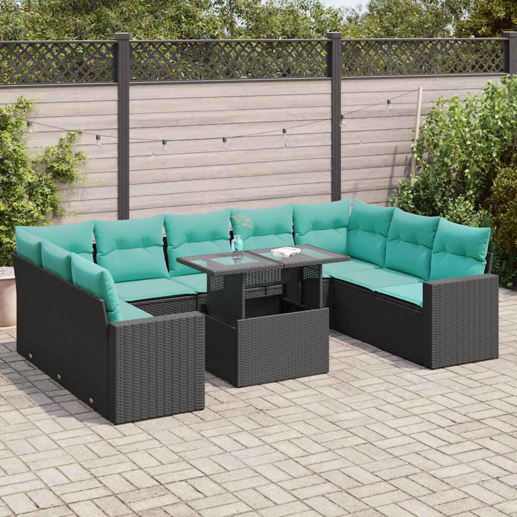 Set Divani Giardino 10pz con Cuscini Nero in Polyrattan Acacia