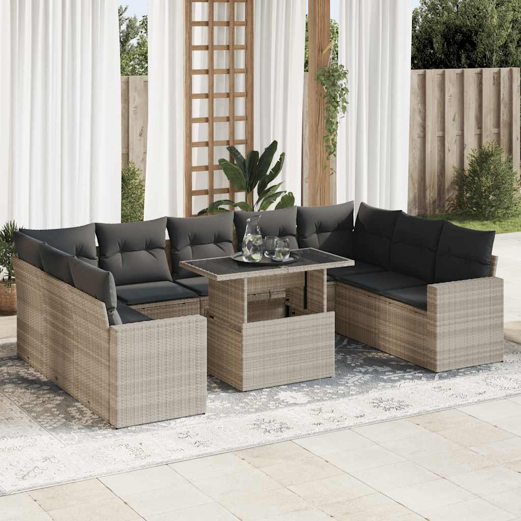 Set Divano Giardino 10 pz con Cuscini Grigio Chiaro Polyrattan | homemem39