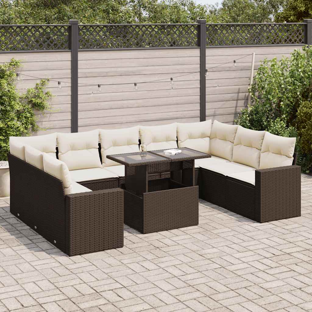 Set Divani da Giardino 10pz con Cuscini in Polyrattan Marrone | homemem39