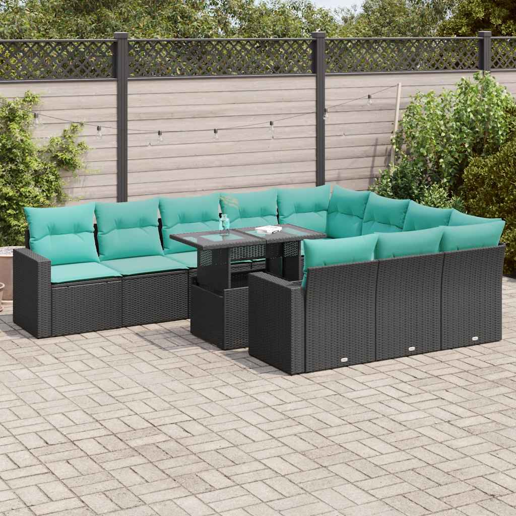 Set Divani Giardino 11 pz con Cuscini Polyrattan Nero Acacia