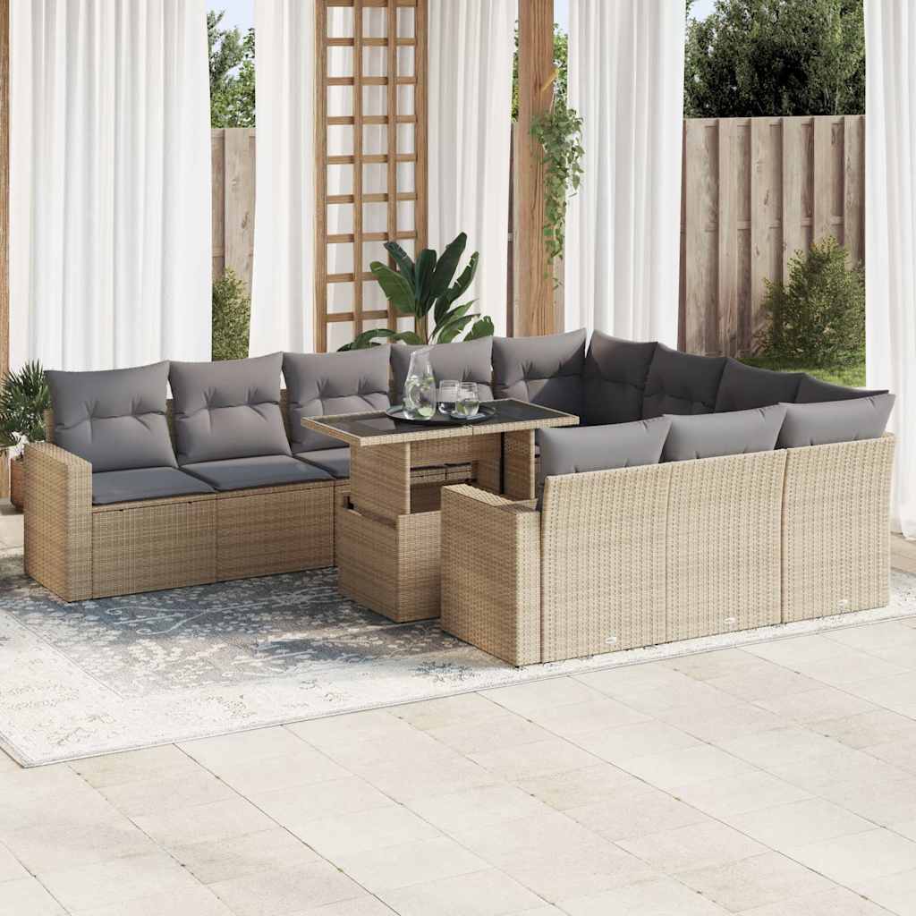 Set Divani da Giardino 11 pz con Cuscini Beige in Polyrattan - homemem39