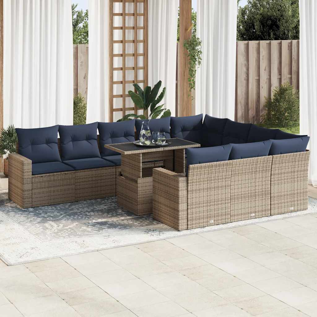 Set Divani da Giardino 11 pz con Cuscini Polyrattan Acacia Grigio | homemem39