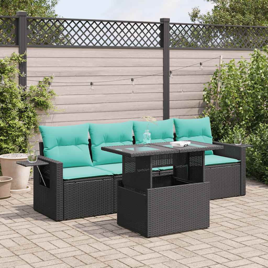 Set Divano da Giardino 5 pz Cuscini Nero Polyrattan e Acacia | homemem39
