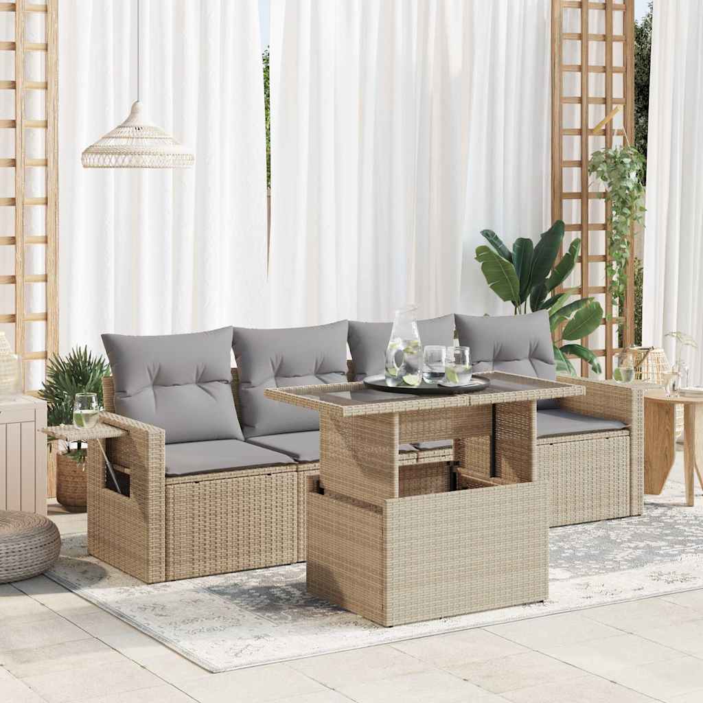 Set Divano da Giardino 5 pz con Cuscini Beige in Polyrattan - homemem39