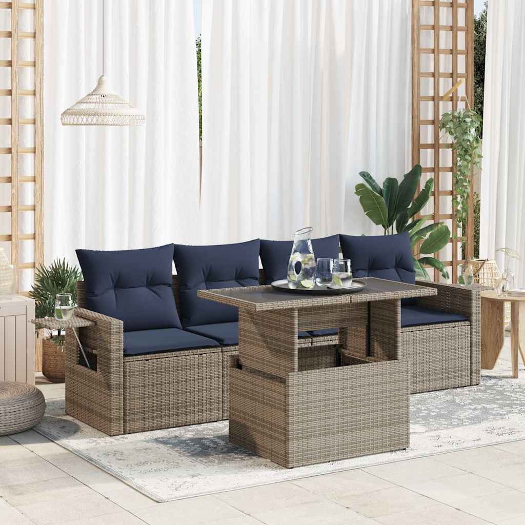 Set Divani da Giardino 5 pz con Cuscini Grigio Polyrattan | homemem39