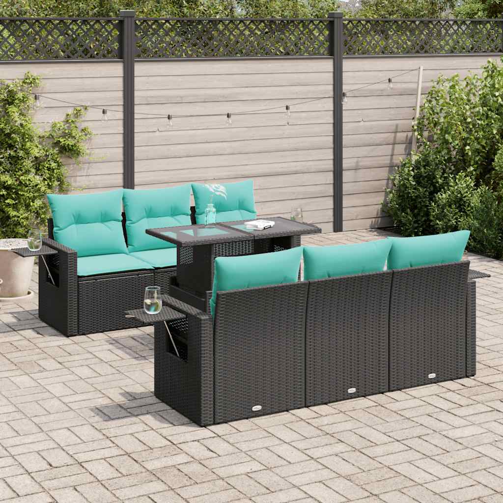 Set Divani Giardino 7 pz con Cuscini Nero Polyrattan Acacia | homemem39