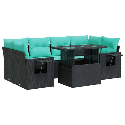 Set Divani Giardino 7 pz con Cuscini Nero Polyrattan Acacia
