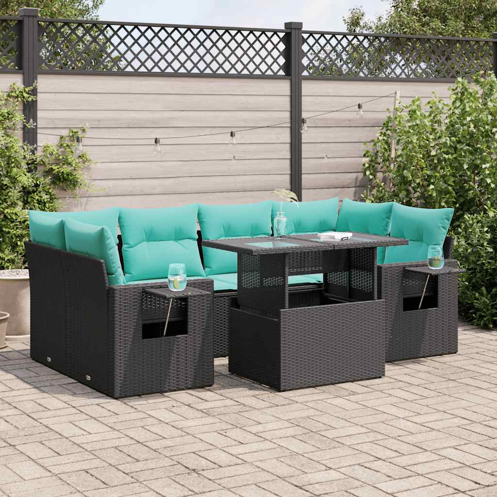 Set Divani Giardino 7 pz con Cuscini Nero Polyrattan Acacia