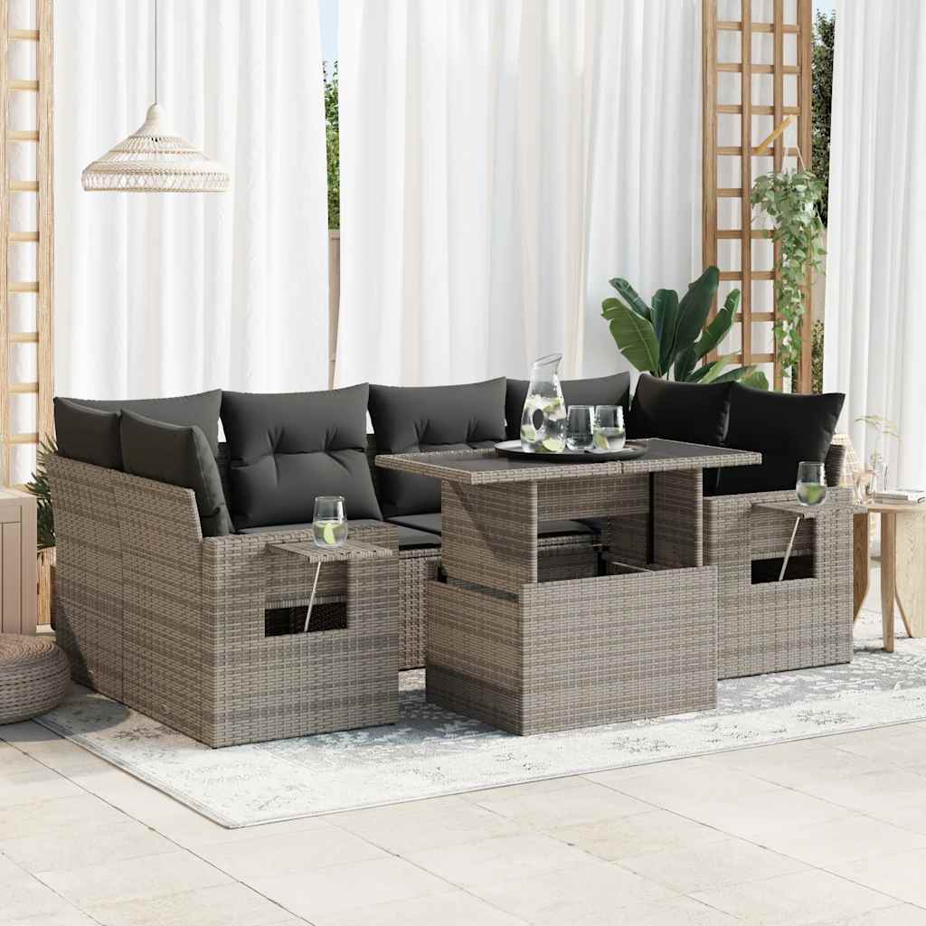 Set Divani da Giardino 7 pz con Cuscini Grigio in Polyrattan | homemem39