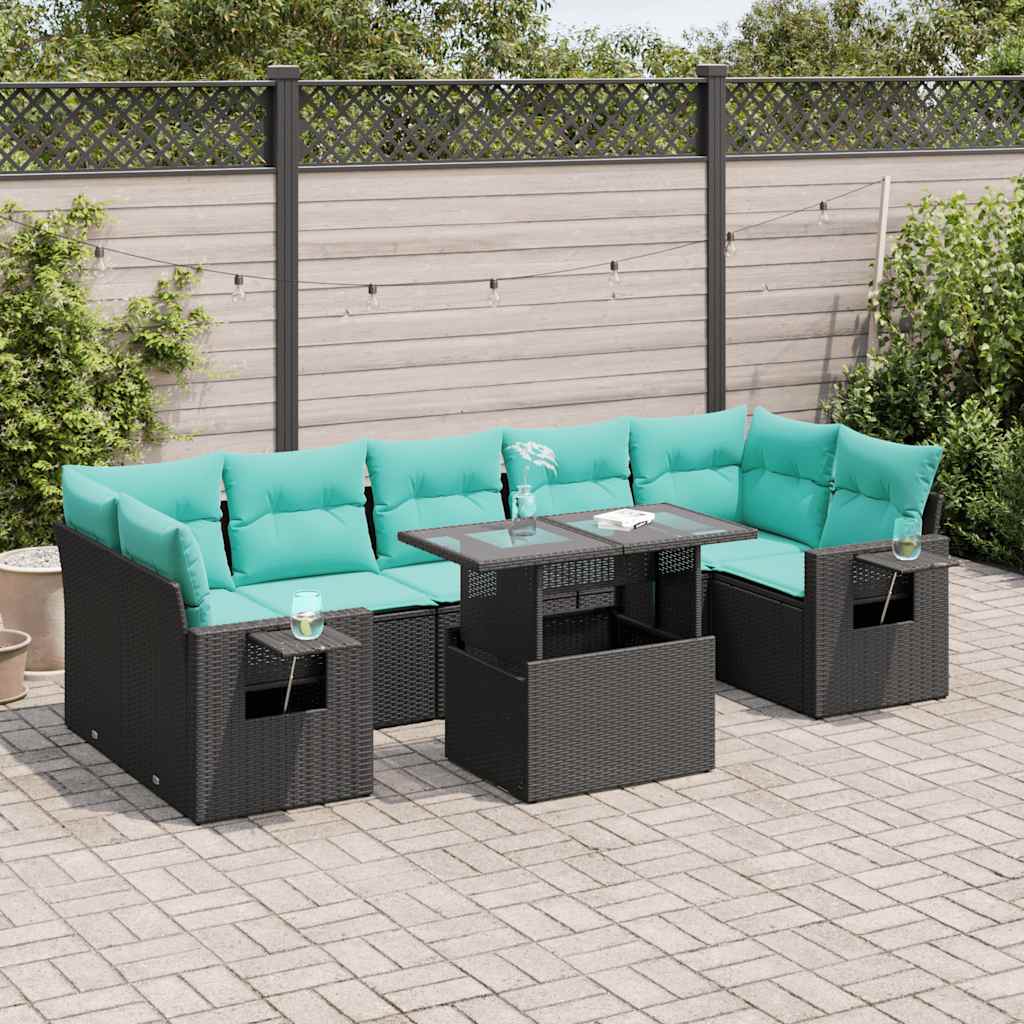 Set Divani Giardino 8 pz con Cuscini Nero Polyrattan Acacia