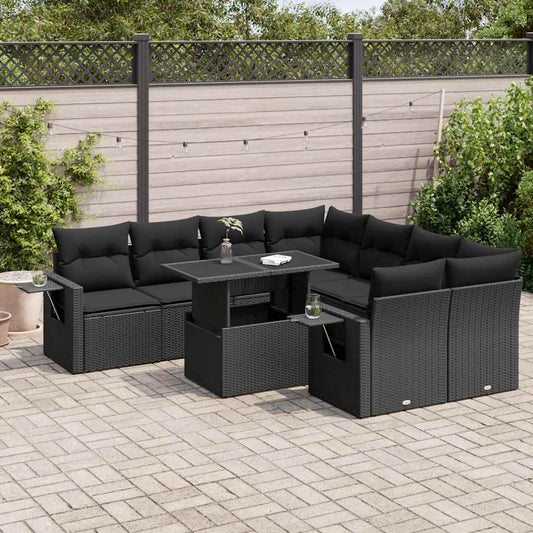 Set Divani da Giardino 9 pz con Cuscini Nero in Polyrattan - homemem39