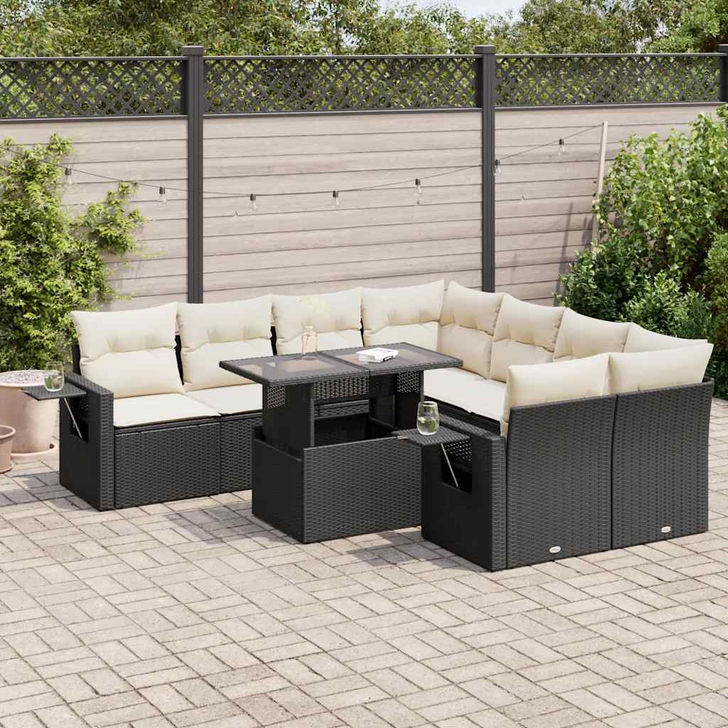 Set Divani da Giardino 9 pz con Cuscini Nero in Polyrattan - homemem39