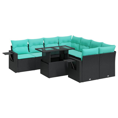 Set Divani Giardino 9 pz con Cuscini Nero Polyrattan Acacia