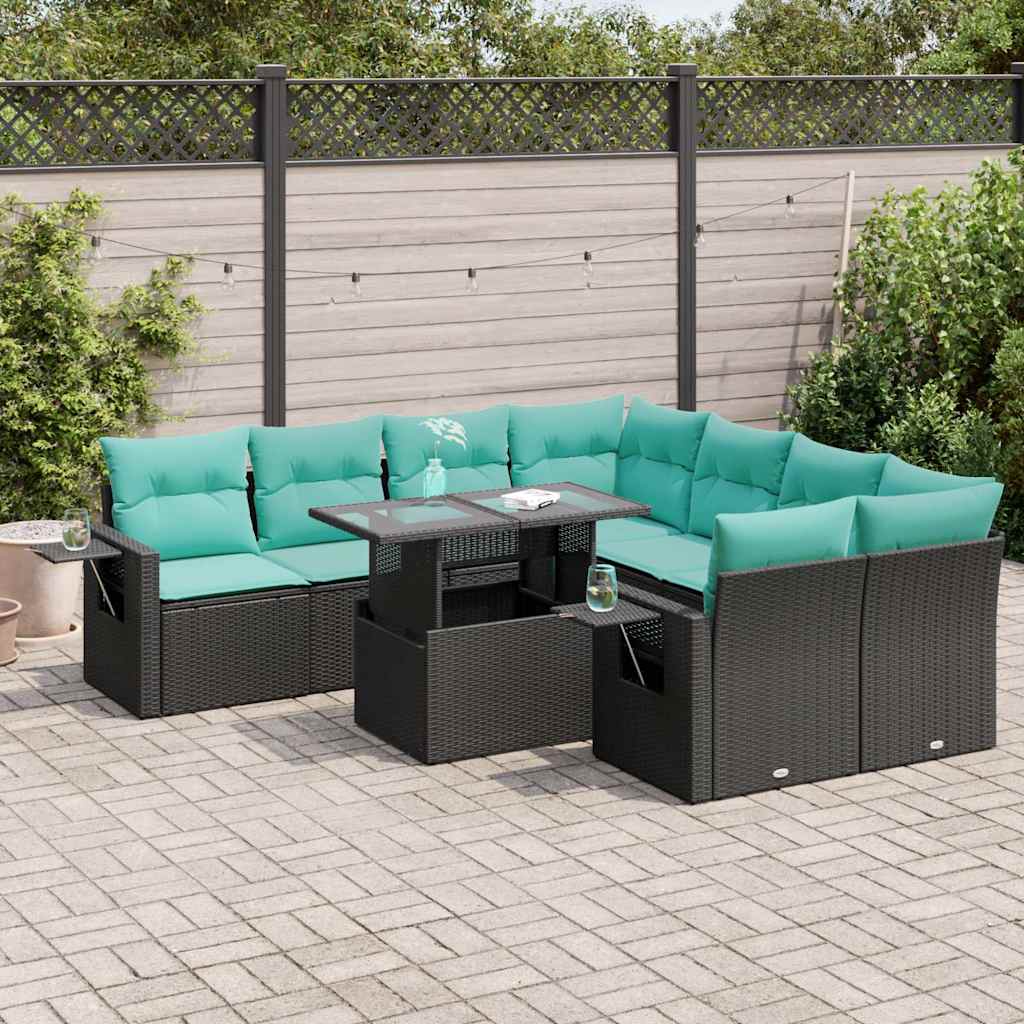 Set Divani Giardino 9 pz con Cuscini Nero Polyrattan Acacia