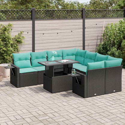 Set Divani Giardino 9 pz con Cuscini Nero Polyrattan Acacia