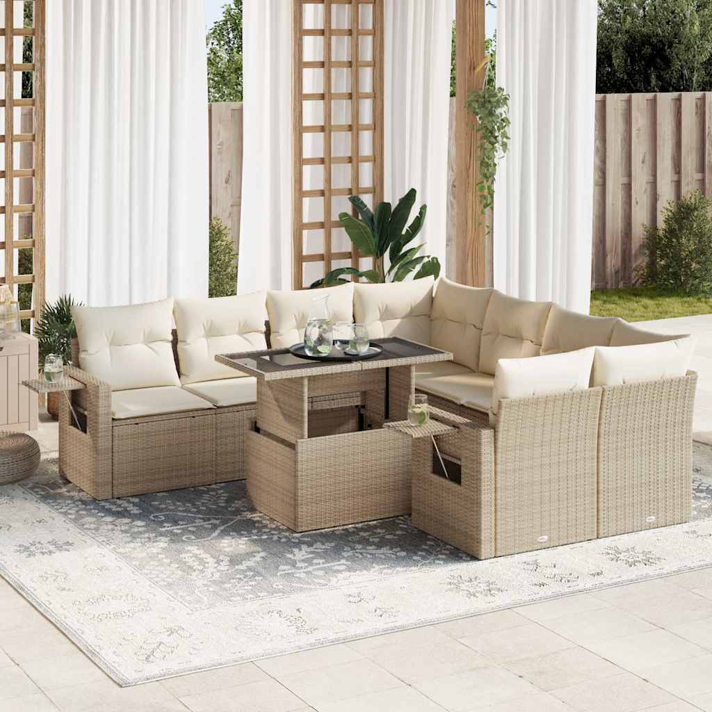 Set Divano da Giardino 9 pz con Cuscini Beige in Polyrattan - homemem39