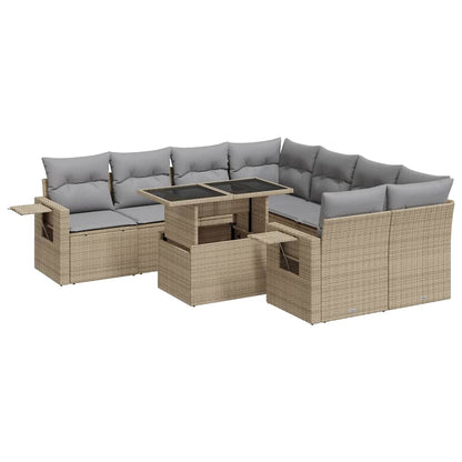 Set Divano da Giardino 9 pz con Cuscini Beige in Polyrattan